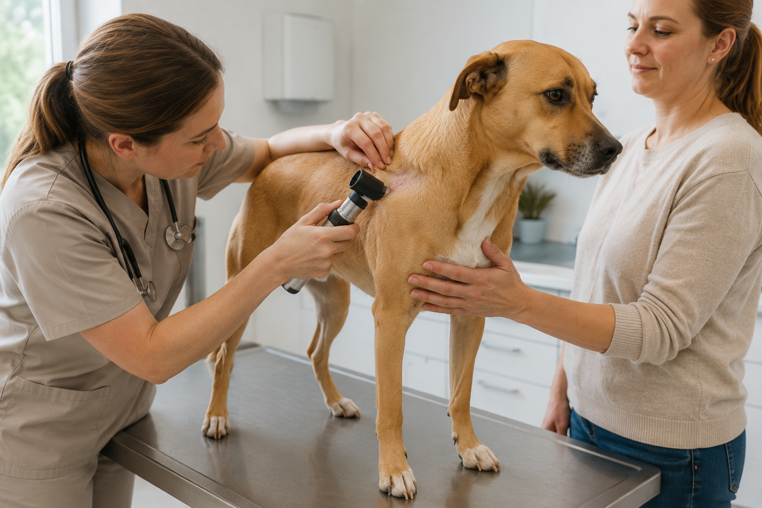 Veterinářka vyšetřuje červené ložisko na kůži psa dermatoskopem